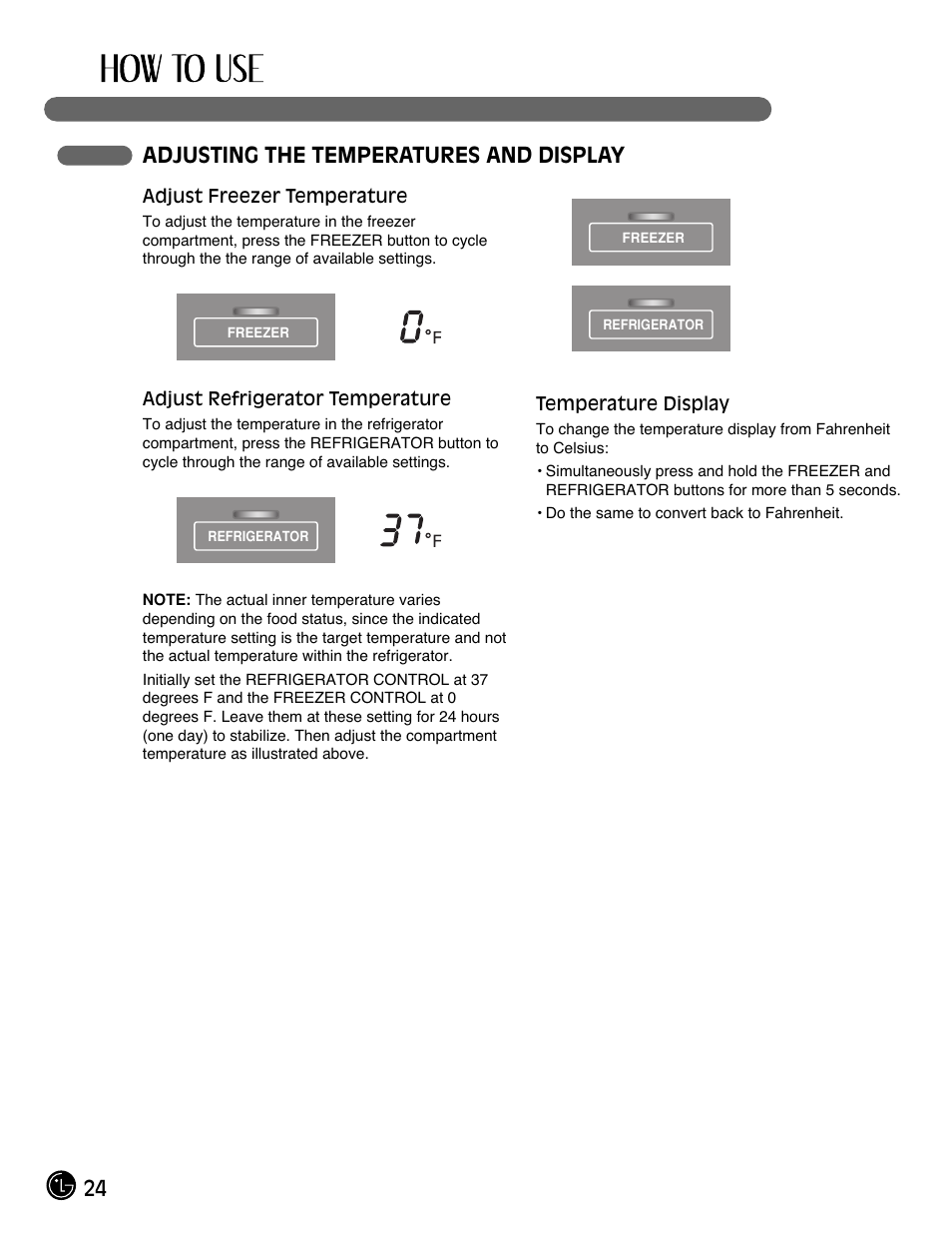 24 adjusting the temperatures and display | LG LMX25981** User Manual | Page 24 / 132