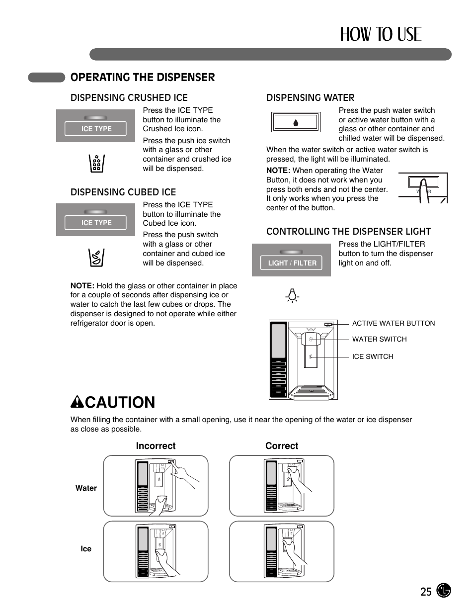 Wcaution, 25 operating the dispenser | LG LMX25981** User Manual | Page 25 / 132