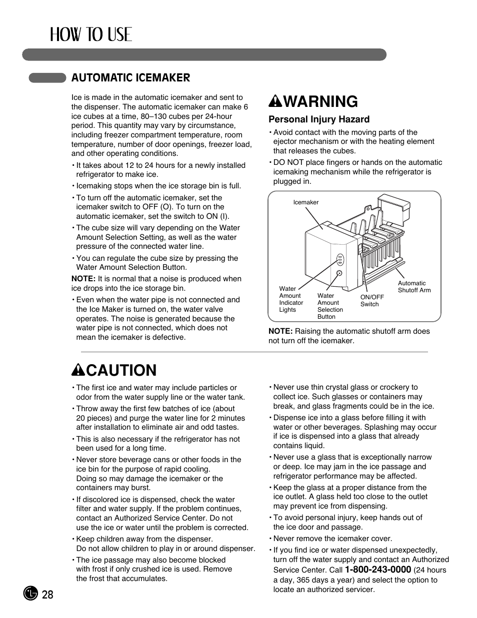 Wwarning, Wcaution, 28 automatic icemaker | LG LMX25981** User Manual | Page 28 / 132