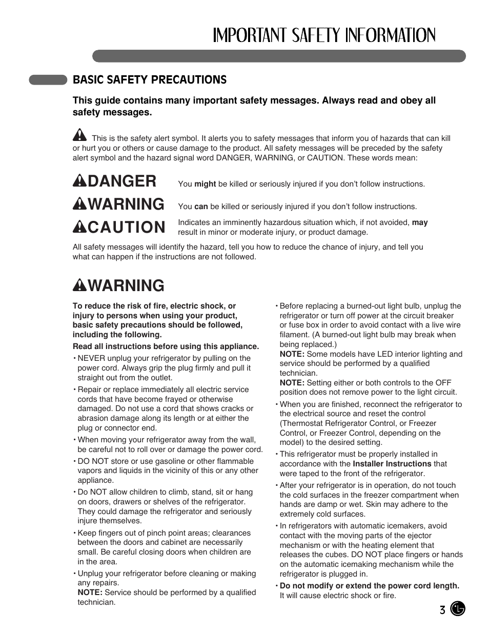 Wdanger, Wwarning, Wcaution | LG LMX25981** User Manual | Page 3 / 132