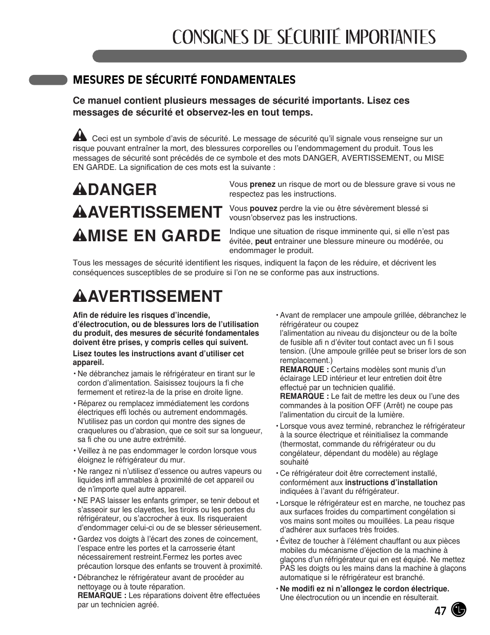 Wdanger, Wavertissement, Wmise en garde | LG LMX25981** User Manual | Page 47 / 132