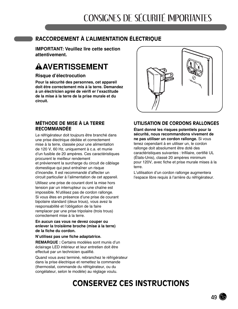 Wavertissement, Conservez ces instructions | LG LMX25981** User Manual | Page 49 / 132