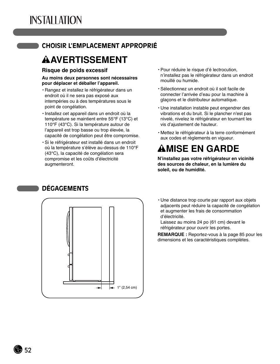 Wavertissement, Wmise en garde | LG LMX25981** User Manual | Page 52 / 132