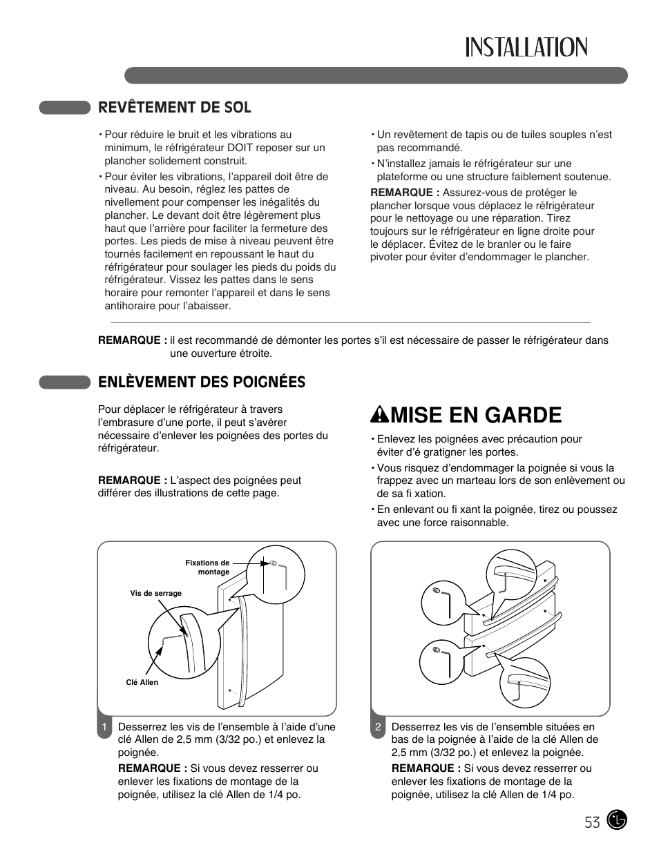 Wmise en garde, 53 revêtement de sol, Enlèvement des poignées | LG LMX25981** User Manual | Page 53 / 132