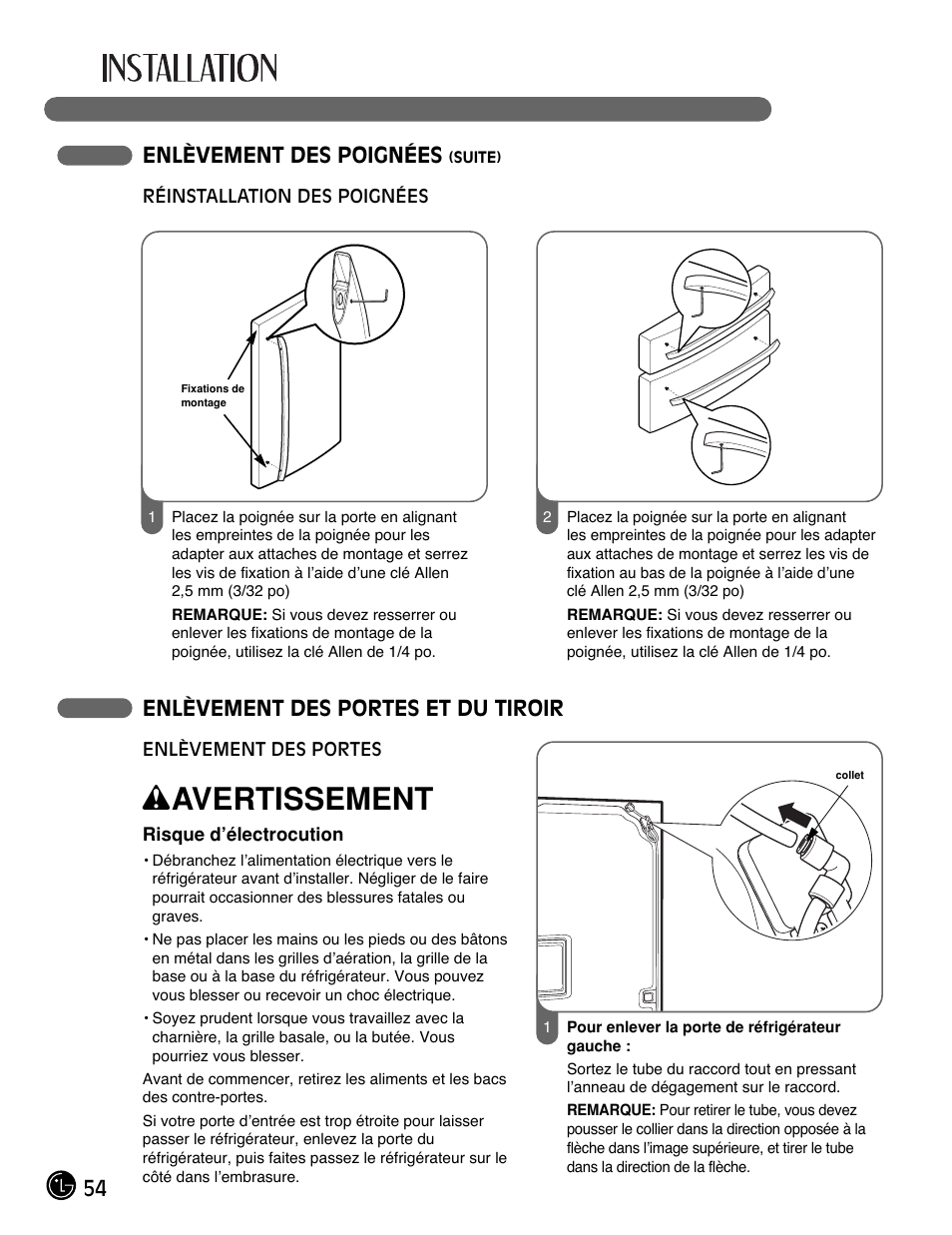 Wavertissement, 54 enlèvement des poignées, Enlèvement des portes et du tiroir | LG LMX25981** User Manual | Page 54 / 132