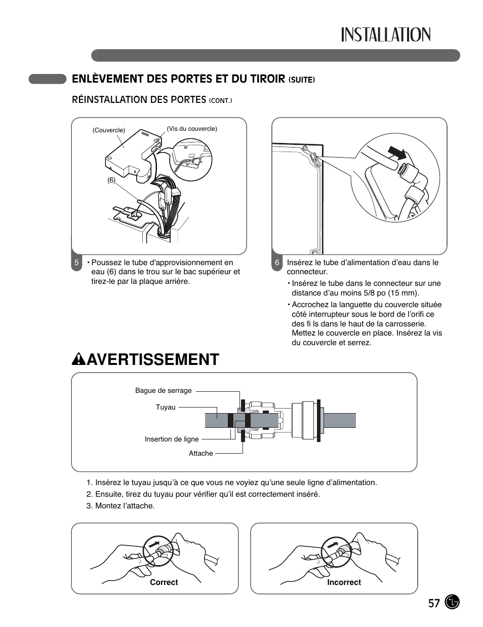 Wavertissement, 57 enlèvement des portes et du tiroir | LG LMX25981** User Manual | Page 57 / 132