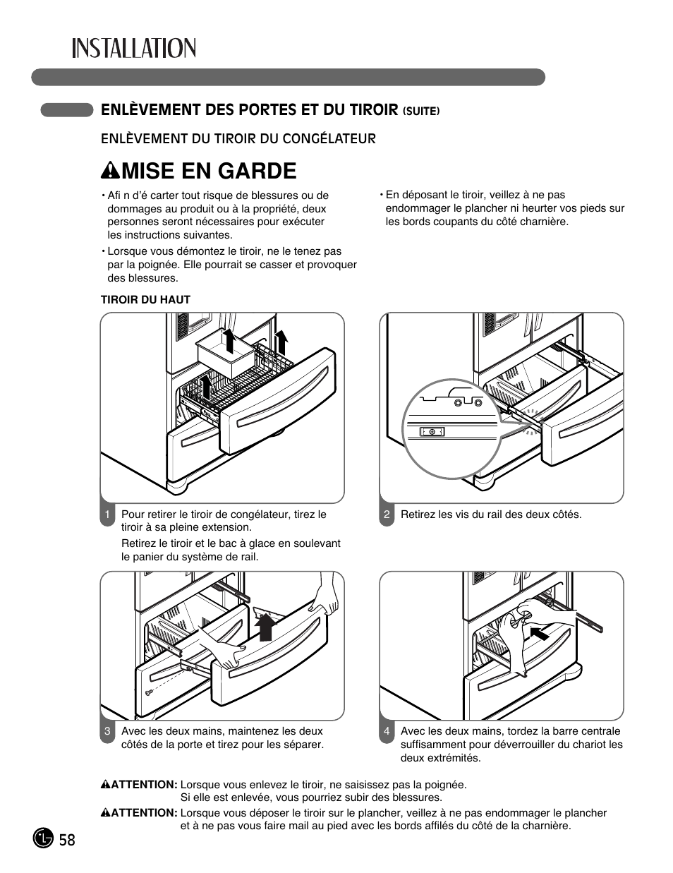 Wmise en garde, 58 enlèvement des portes et du tiroir | LG LMX25981** User Manual | Page 58 / 132