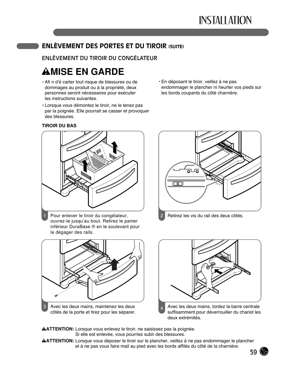 Wmise en garde, 59 enlèvement des portes et du tiroir | LG LMX25981** User Manual | Page 59 / 132