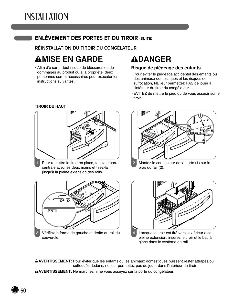 Wmise en garde, Wdanger | LG LMX25981** User Manual | Page 60 / 132