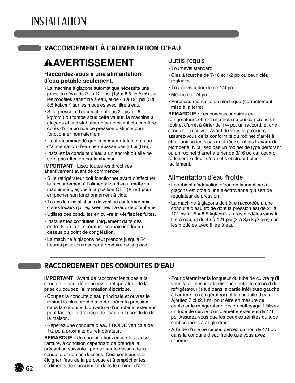 Wavertissement, 62 raccordement à l’alimentation d’eau, Raccordement des conduites d’eau | LG LMX25981** User Manual | Page 62 / 132