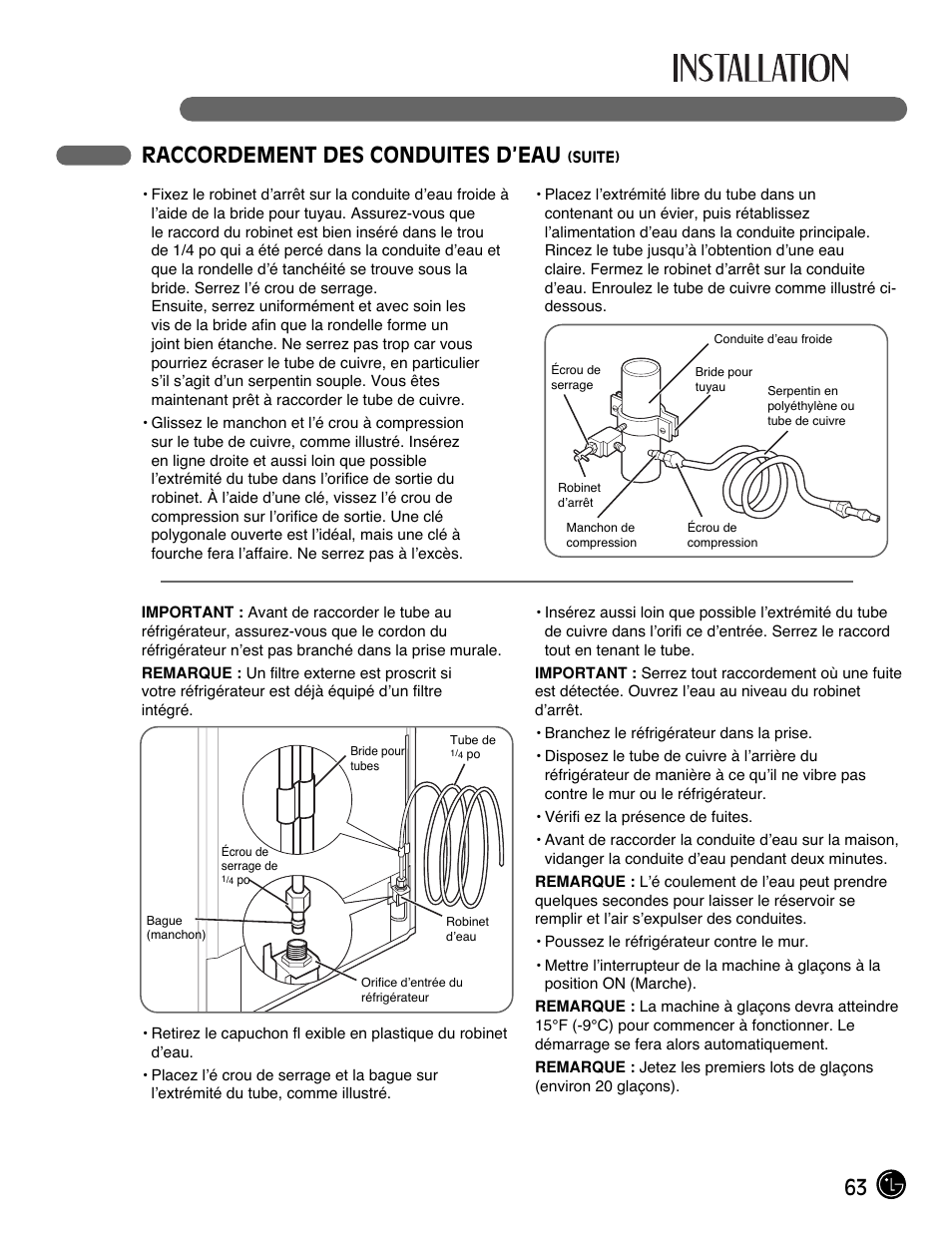 63 raccordement des conduites d’eau | LG LMX25981** User Manual | Page 63 / 132