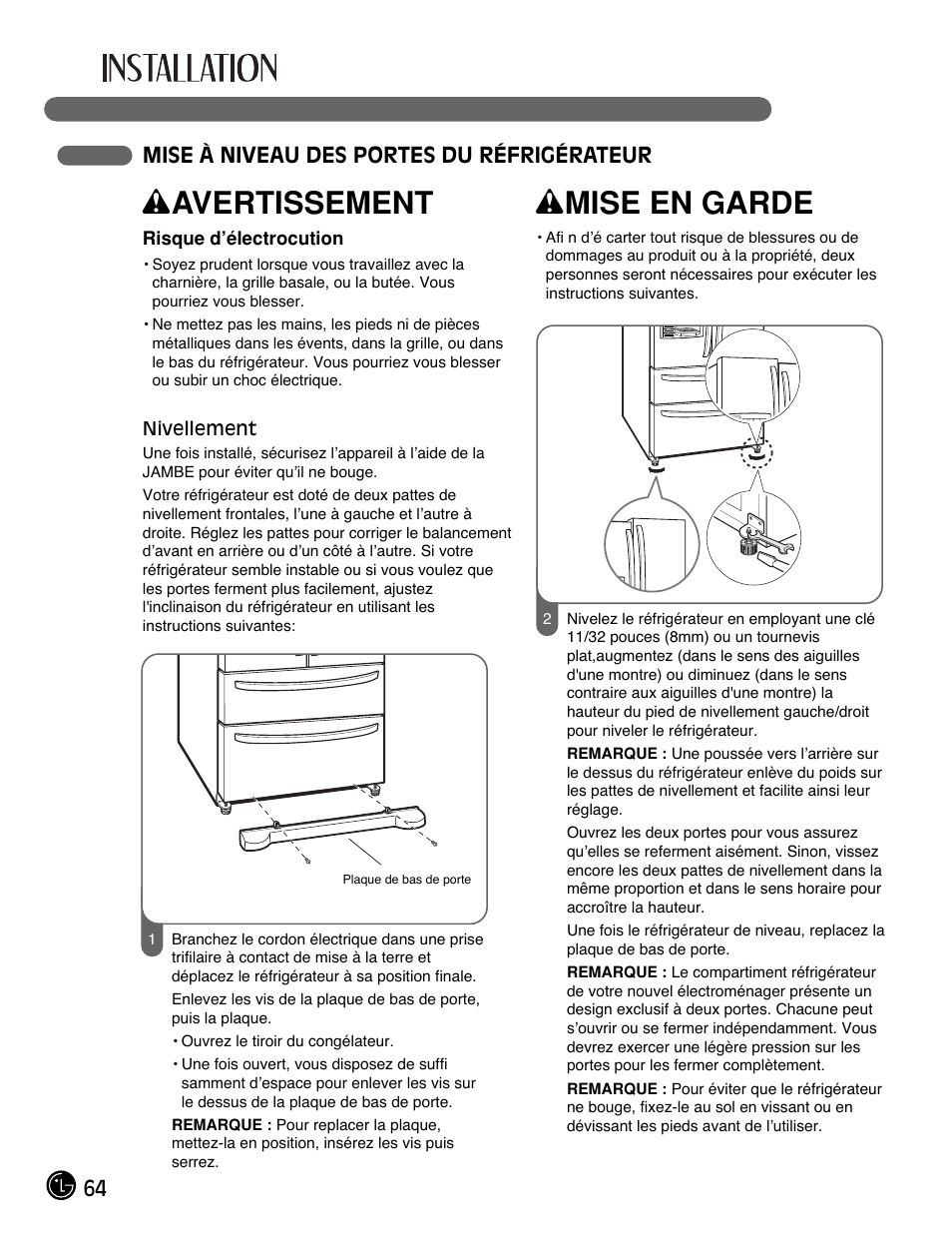 Wavertissement, Wmise en garde, 64 mise à niveau des portes du réfrigérateur | LG LMX25981** User Manual | Page 64 / 132