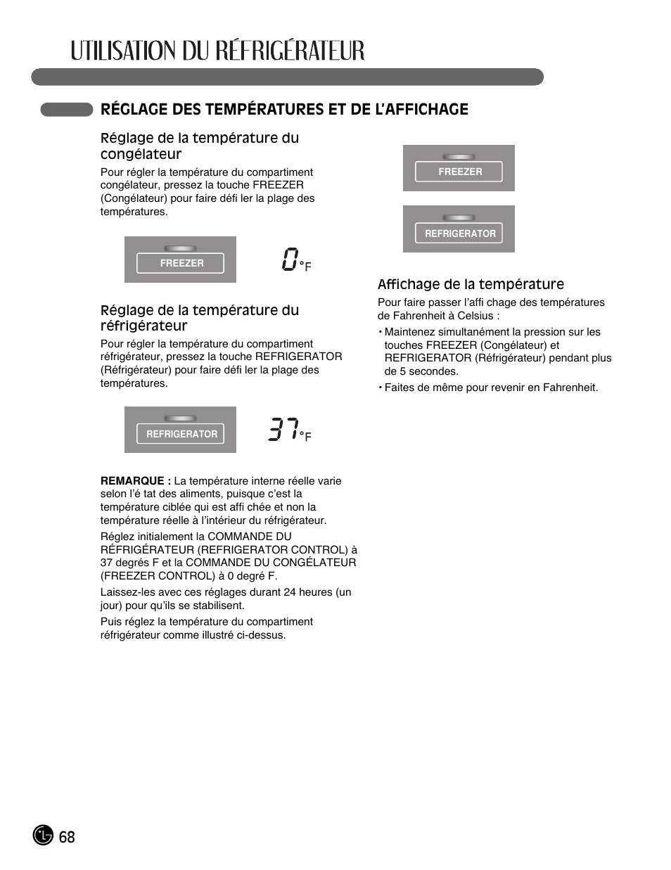 68 réglage des températures et de l’affichage | LG LMX25981** User Manual | Page 68 / 132