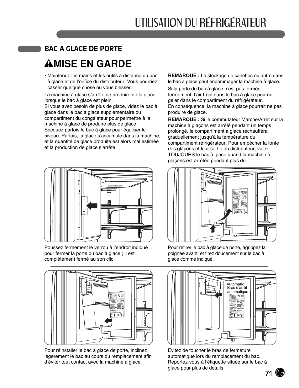 Wmise en garde, 71 bac a glace de porte | LG LMX25981** User Manual | Page 71 / 132