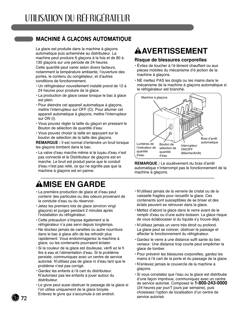 Wavertissement, Wmise en garde, 72 machine à glaçons automatique | LG LMX25981** User Manual | Page 72 / 132