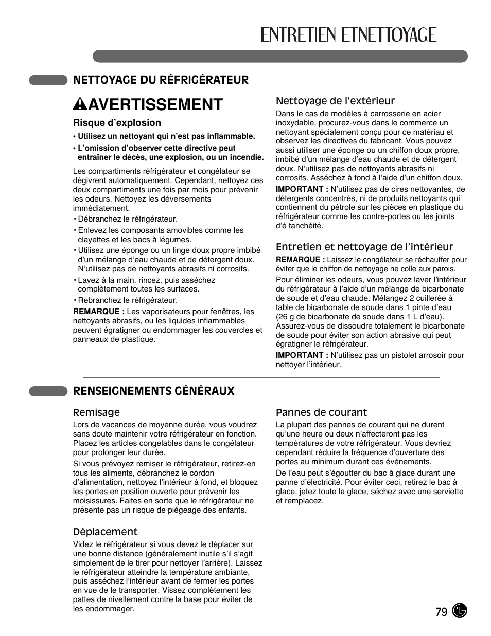 Wavertissement, 79 nettoyage du réfrigérateur, Renseignements généraux | LG LMX25981** User Manual | Page 79 / 132