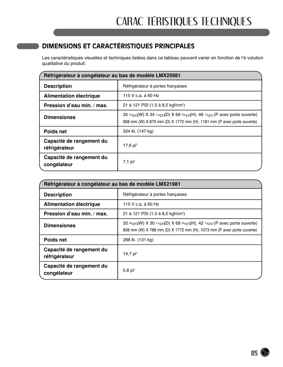 85 dimensions et caractéristiques principales | LG LMX25981** User Manual | Page 85 / 132