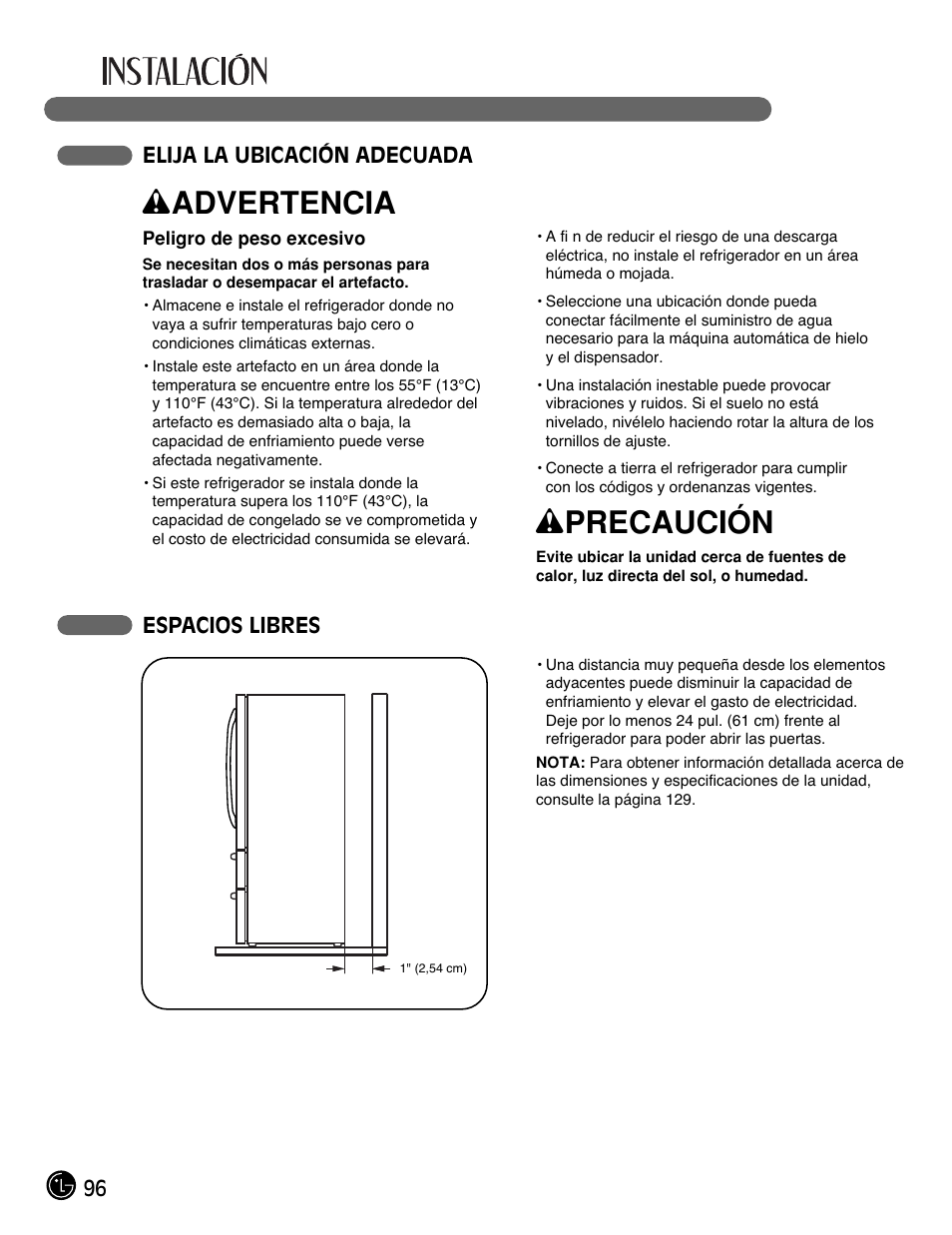 Wadvertencia, Wprecaución | LG LMX25981** User Manual | Page 96 / 132