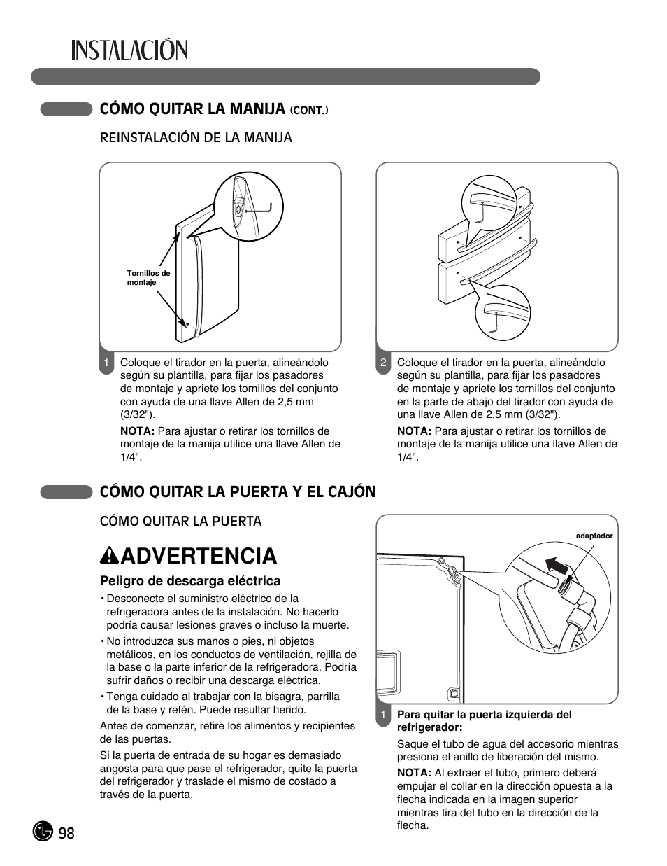 Wadvertencia, 98 cómo quitar la manija, Cómo quitar la puerta y el cajón | LG LMX25981** User Manual | Page 98 / 132