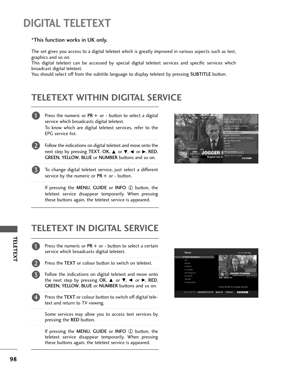 Digital teletext, Teletext within digital service, Teletext in digital service | LG 26LC4* User Manual | Page 100 / 120