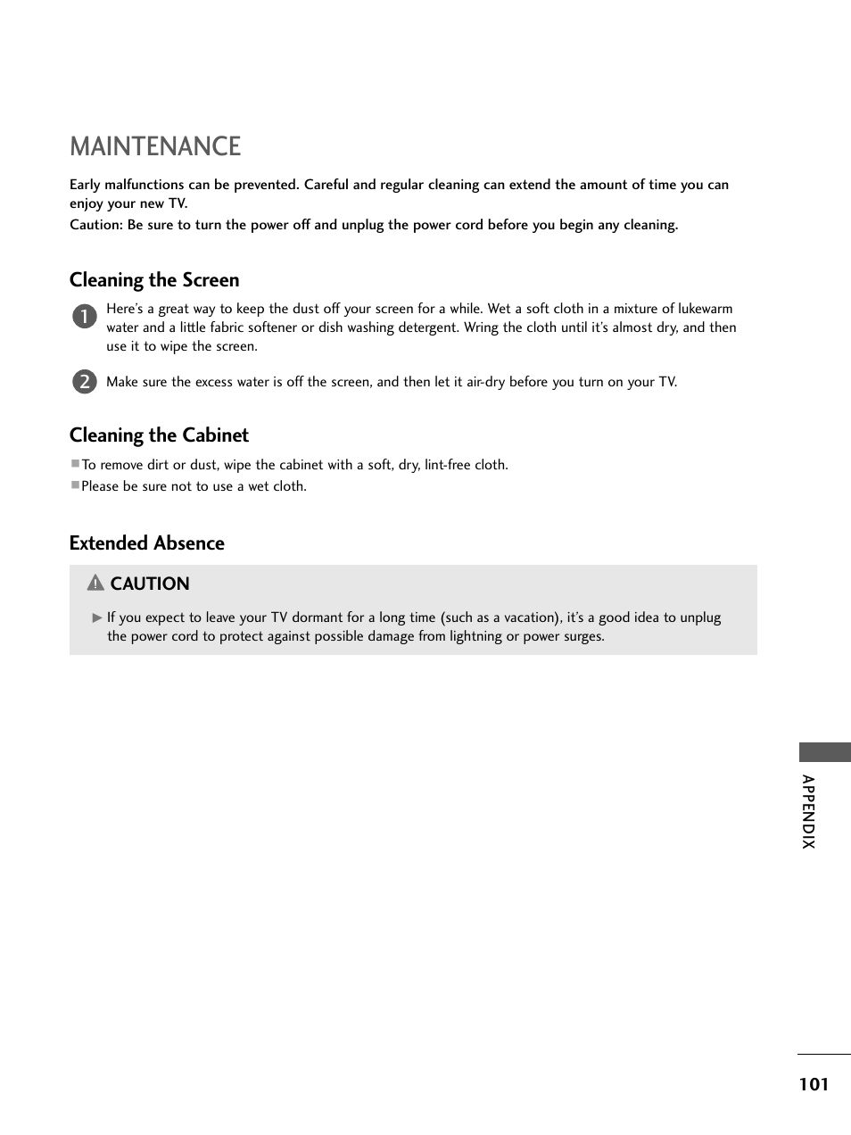 Maintenance, Cleaning the screen, Cleaning the cabinet | Extended absence | LG 26LC4* User Manual | Page 103 / 120