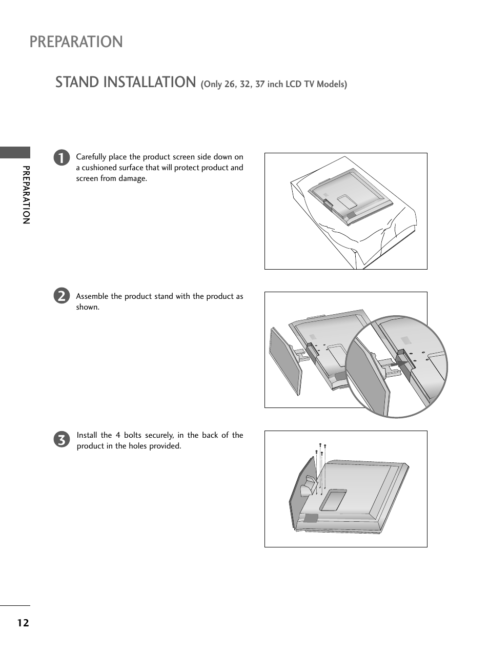 Stand installation, Preparation | LG 26LC4* User Manual | Page 14 / 120