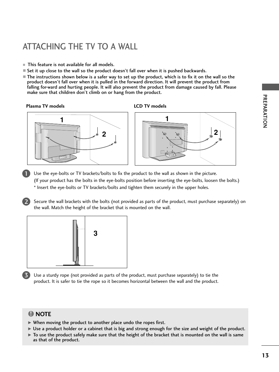 Attaching the tv to a wall | LG 26LC4* User Manual | Page 15 / 120