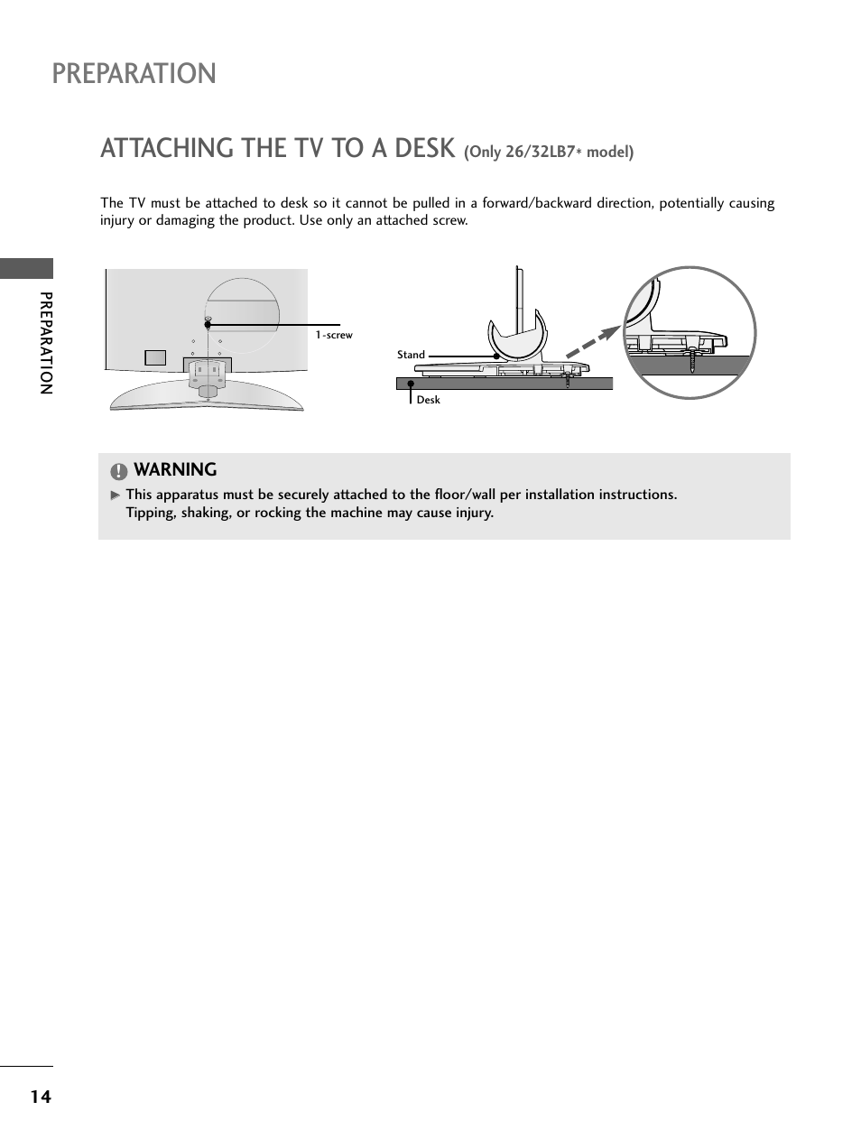 Attaching the tv to a desk, Preparation | LG 26LC4* User Manual | Page 16 / 120