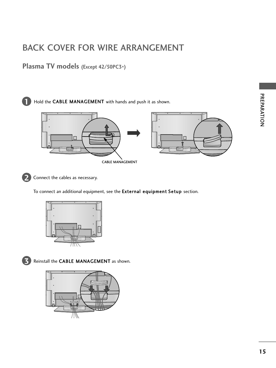 Back cover for wire arrangement, Plasma tv models | LG 26LC4* User Manual | Page 17 / 120
