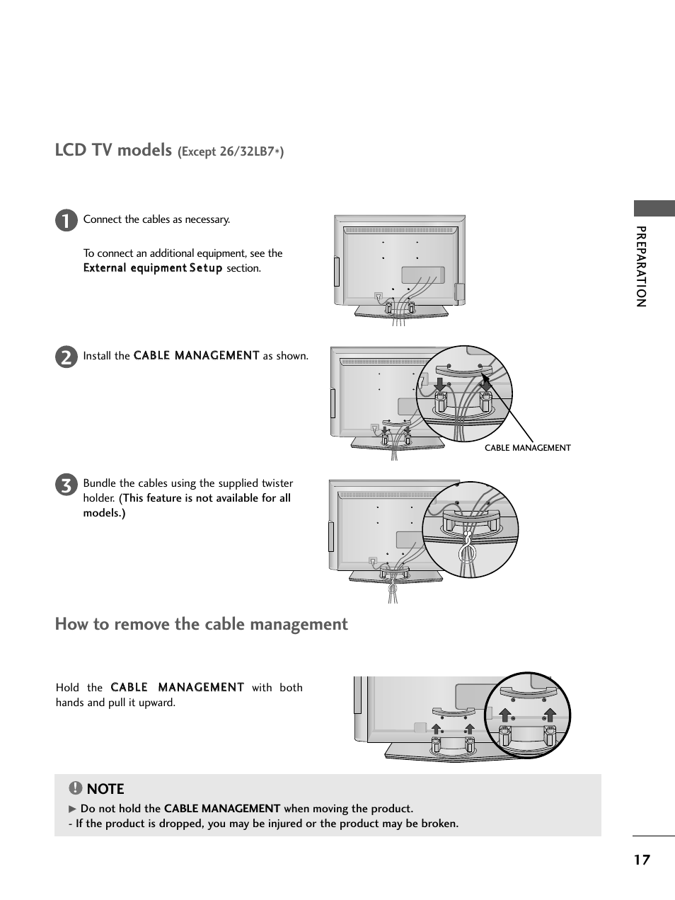 Lcd tv models, How to remove the cable management | LG 26LC4* User Manual | Page 19 / 120