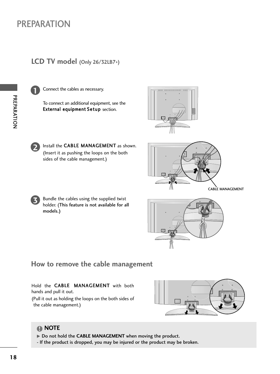 Preparation, Lcd tv model, How to remove the cable management | LG 26LC4* User Manual | Page 20 / 120