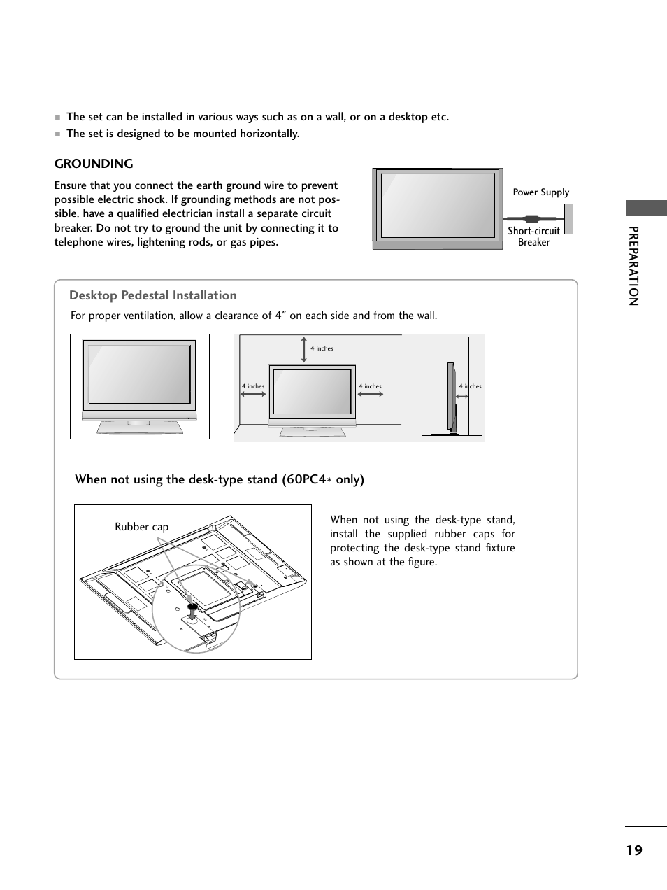 Desktop pedestal installation, Prep ar a t ion desktop pedestal installation, Grounding | When not using the desk-type stand (60pc4* only) | LG 26LC4* User Manual | Page 21 / 120