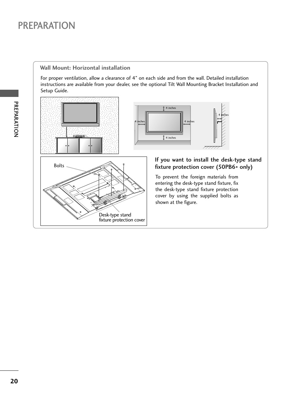 Wall mount: horizontal installation, Preparation | LG 26LC4* User Manual | Page 22 / 120