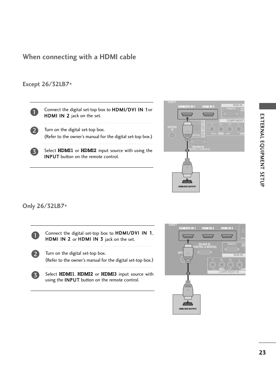 When connecting with a hdmi cable, External eq uipment setup | LG 26LC4* User Manual | Page 25 / 120