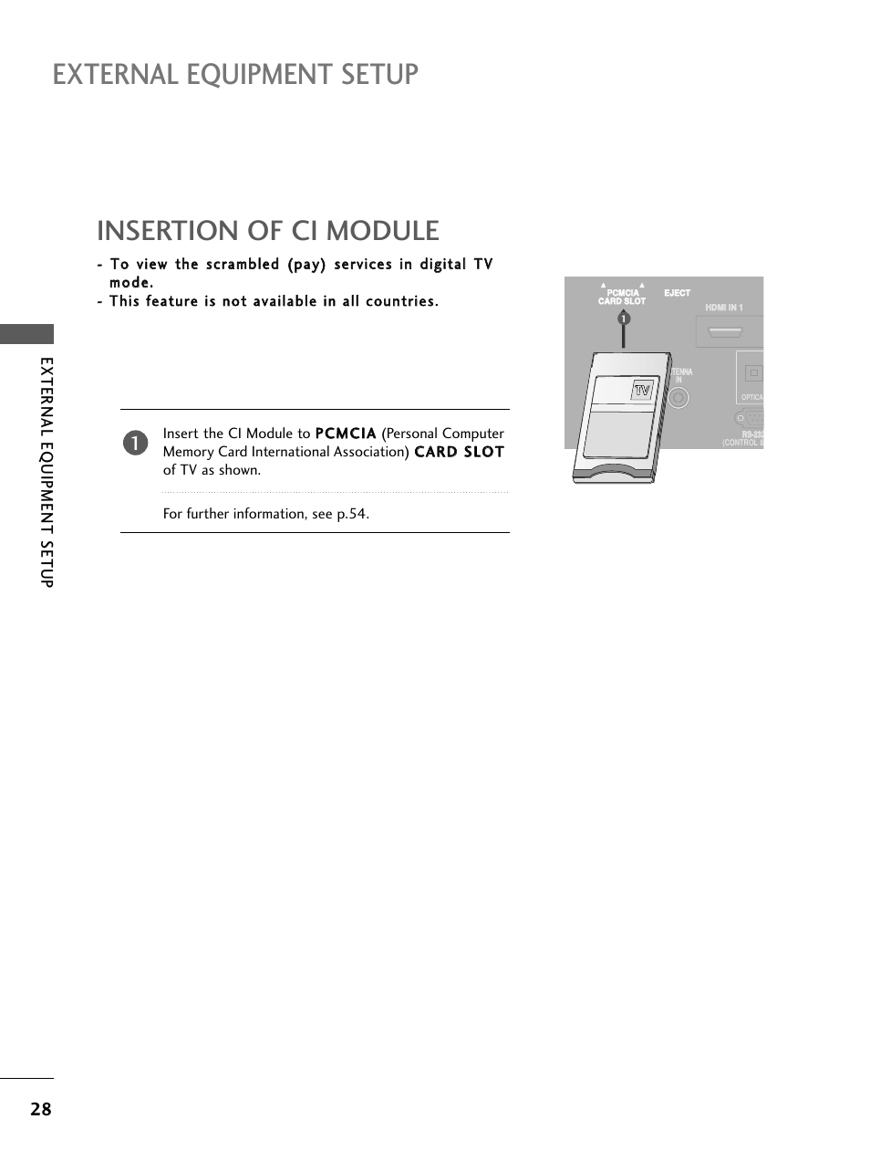 Insertion of ci module, External equipment setup, External eq uipment setup | LG 26LC4* User Manual | Page 30 / 120