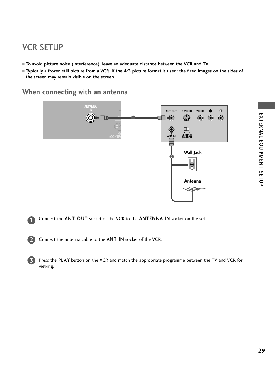 Vcr setup, When connecting with an antenna, External eq uipment setup | LG 26LC4* User Manual | Page 31 / 120