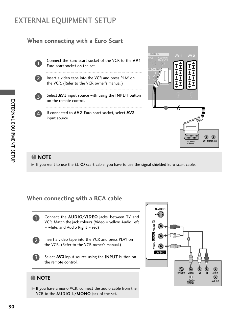 External equipment setup, When connecting with a euro scart, When connecting with a rca cable | External eq uipment setup | LG 26LC4* User Manual | Page 32 / 120