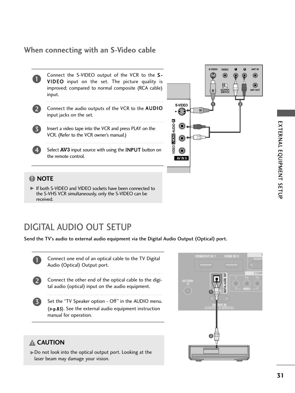 Digital audio out setup, When connecting with an s-video cable, Caution | External eq uipment setup | LG 26LC4* User Manual | Page 33 / 120