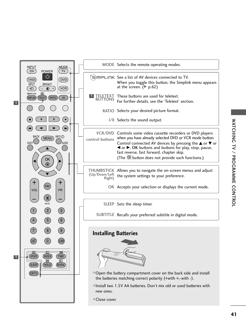 Installing batteries, Wa tching tv / pr ogr amme contr ol | LG 26LC4* User Manual | Page 43 / 120