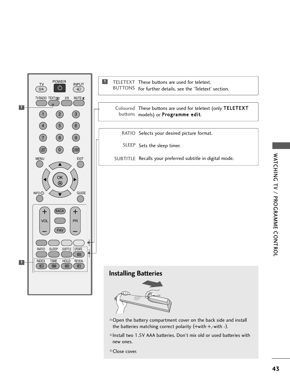 Installing batteries, Wa tching tv / pr ogr amme contr ol | LG 26LC4* User Manual | Page 45 / 120