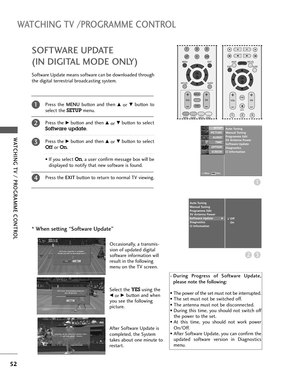 Software update(in digital mode only), Watching tv /programme control, Software update (in digital mode only) | Wa tching tv / pr ogr amme contr ol, When setting “software update | LG 26LC4* User Manual | Page 54 / 120