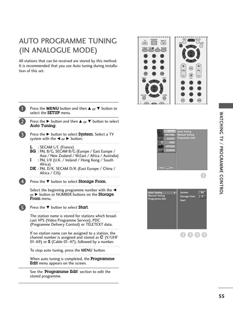 Auto programme tuning(in analogue mode), Auto programme tuning (in analogue mode), Button to select the setup menu. press the | Button and then, Button to select auto tuning . press the | LG 26LC4* User Manual | Page 57 / 120
