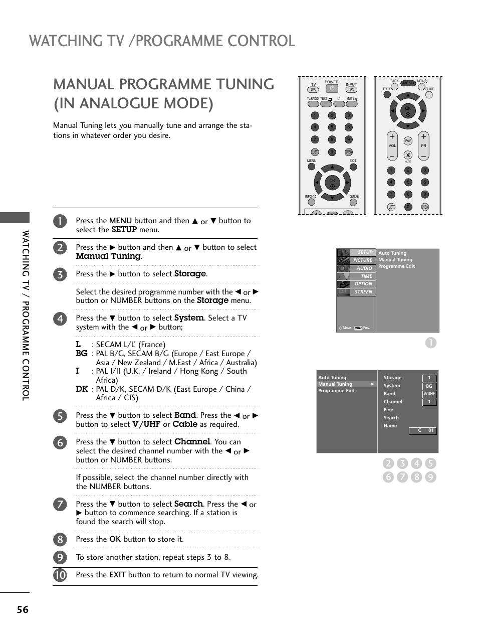 Manual programme tuning(in analogue mode), Watching tv /programme control, Manual programme tuning (in analogue mode) | Wa tching tv / pr ogr amme contr ol | LG 26LC4* User Manual | Page 58 / 120