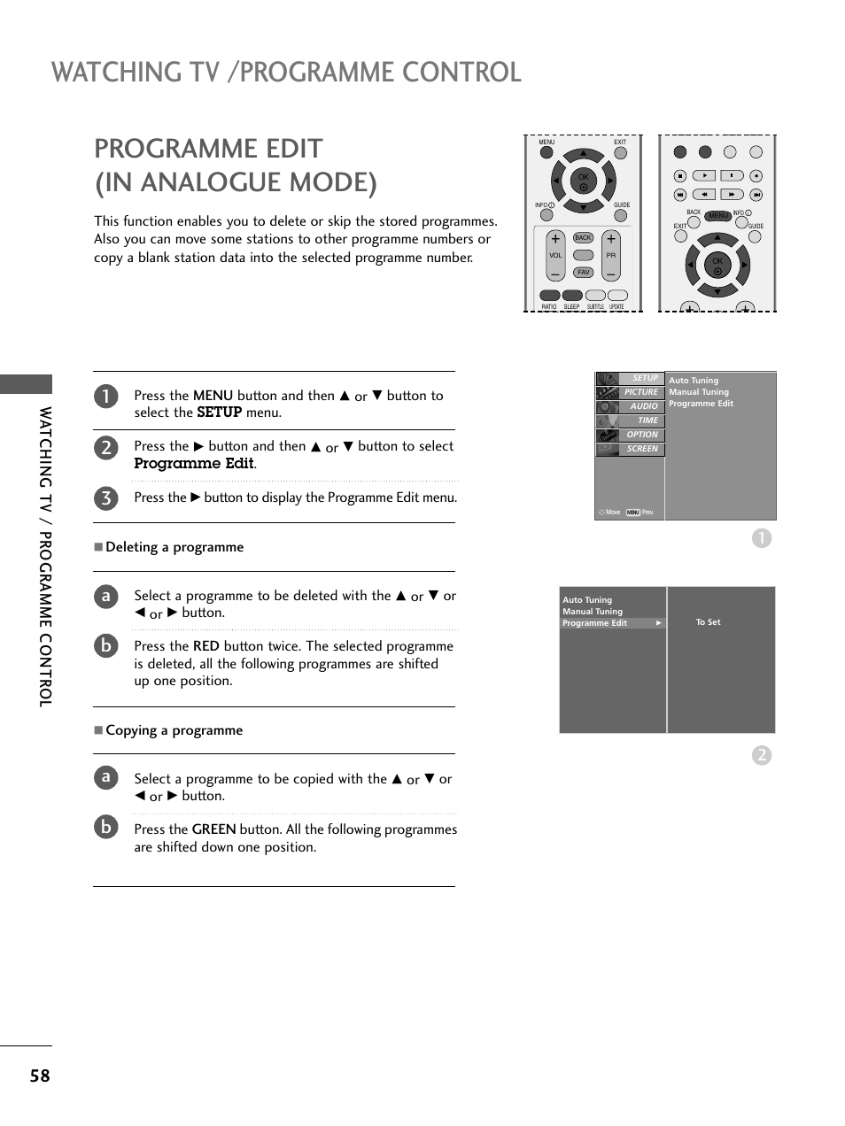 Programme edit(in analogue mode), Watching tv /programme control, Programme edit (in analogue mode) | 12 3 a b a b, Wa tching tv / pr ogr amme contr ol | LG 26LC4* User Manual | Page 60 / 120