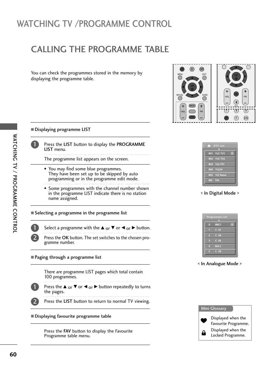 Calling the programme table, Watching tv /programme control, Wa tching tv / pr ogr amme contr ol | LG 26LC4* User Manual | Page 62 / 120