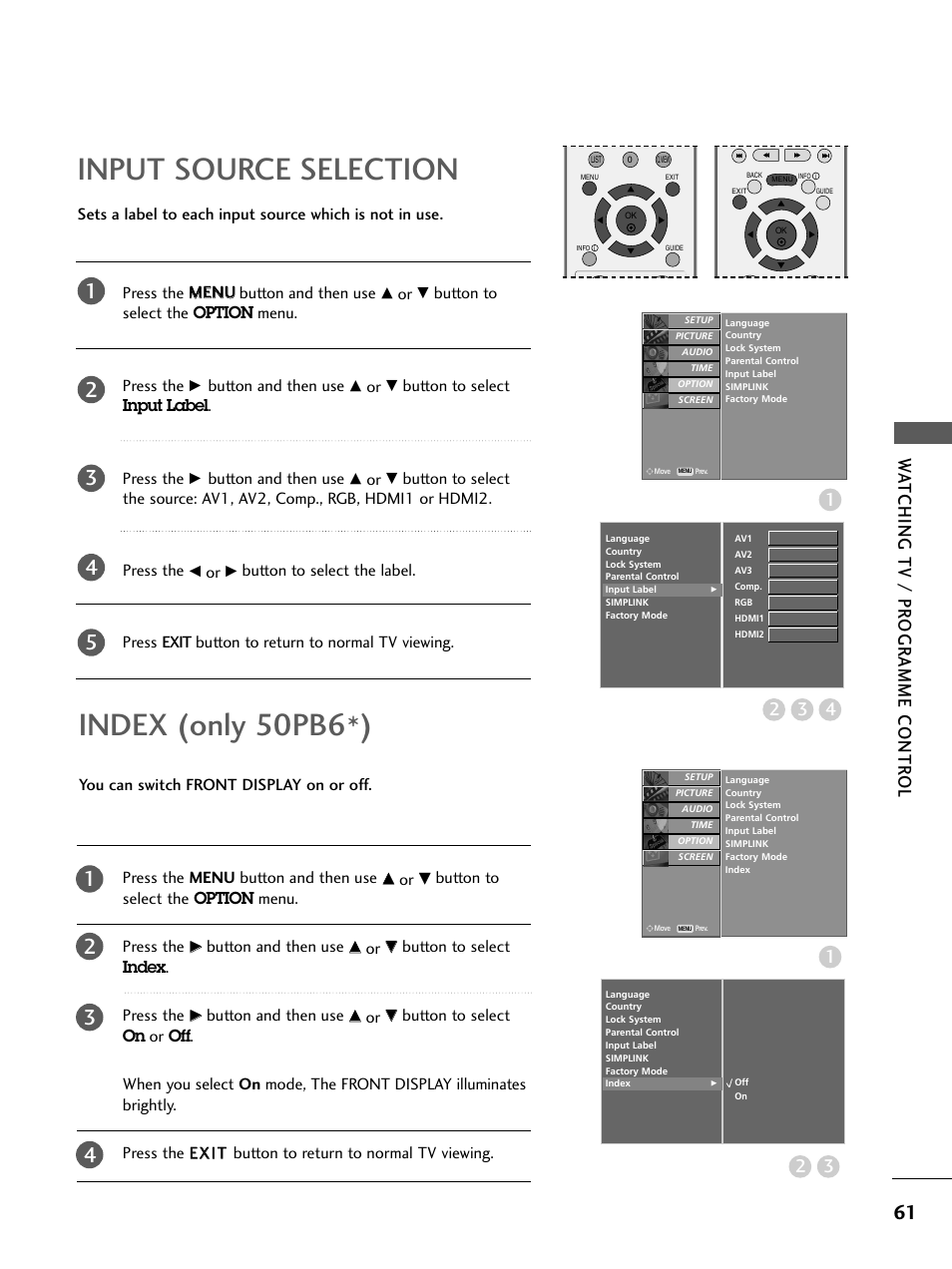 Input source selection, Index, Index (only 50pb6*) | Wa tching tv / pr ogr amme contr ol | LG 26LC4* User Manual | Page 63 / 120