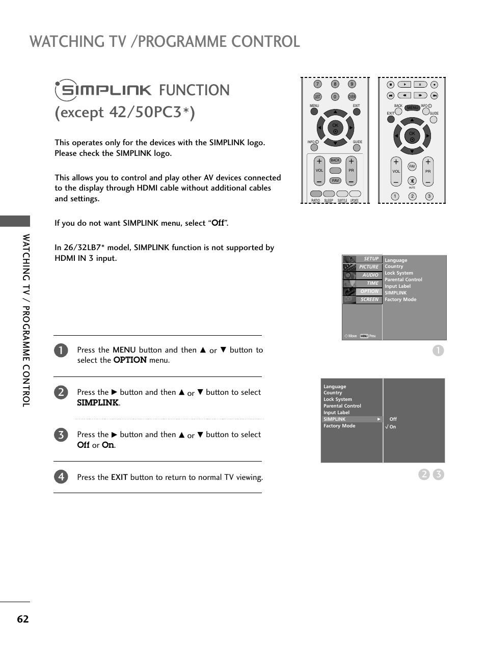 Simplink function, Watching tv /programme control, Wa tching tv / pr ogr amme contr ol 3 2 | Press the menu button and then, Button to select the option menu. press the, Button and then, Button to select simplink . press the | LG 26LC4* User Manual | Page 64 / 120
