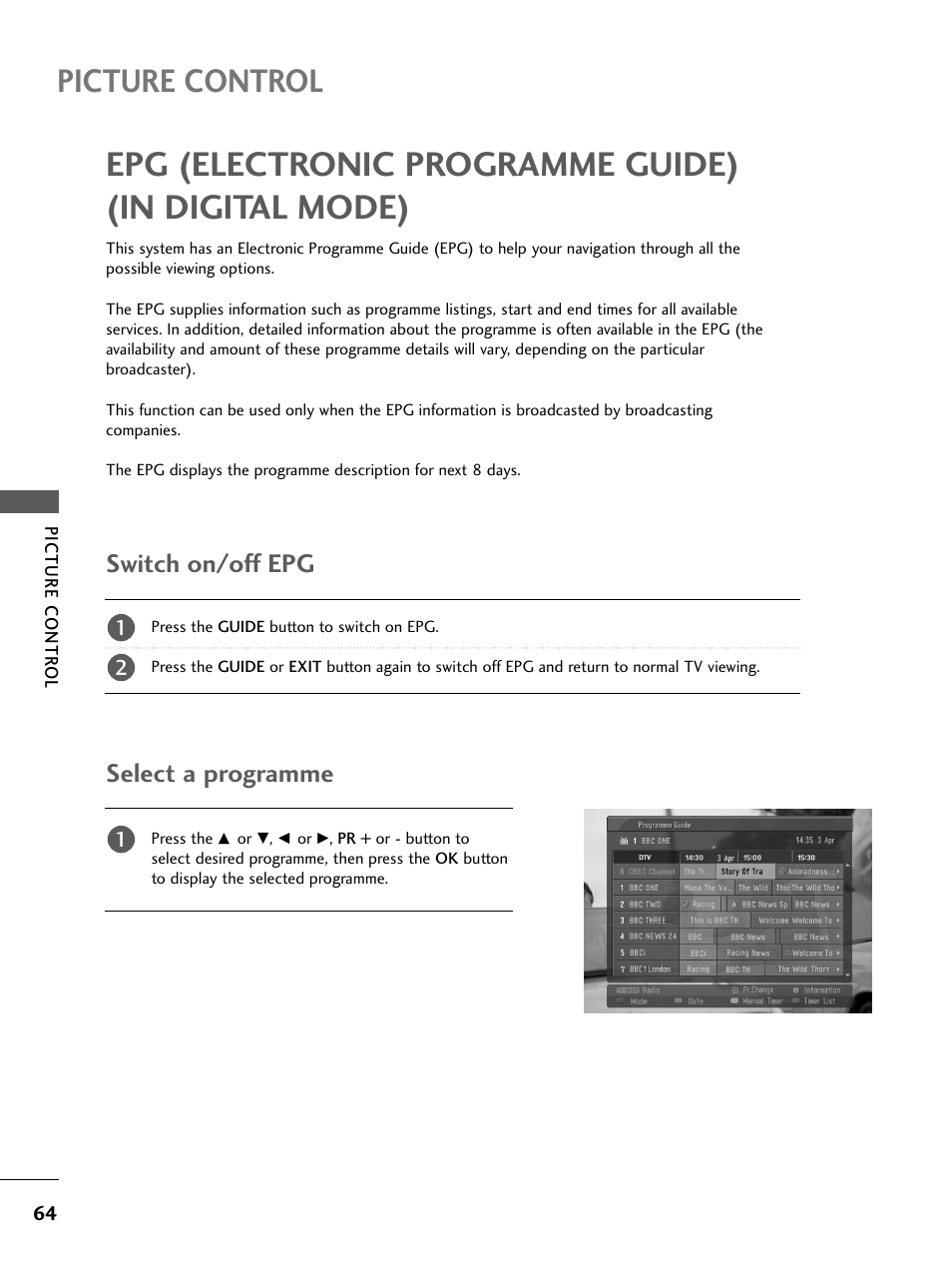 Picture control, Epg (electronic programme guide)(in digital mode), Switch on/off epg | Select a programme, Epg (electronic programme guide) (in digital mode), Switch on/off epg select a programme | LG 26LC4* User Manual | Page 66 / 120