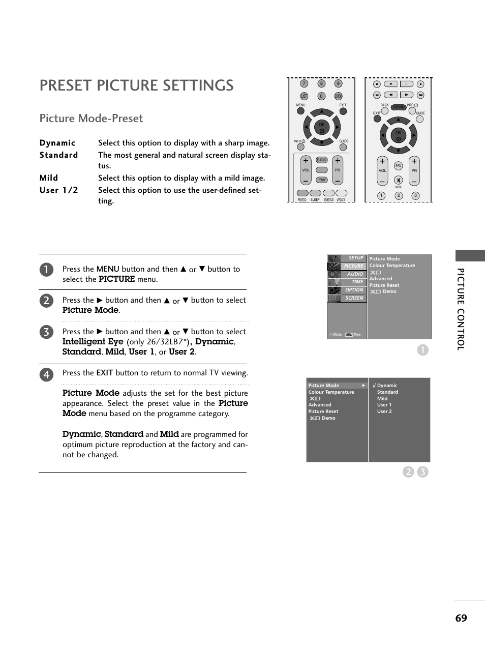 Preset picture settings, Picture mode-preset, Picture contr ol 3 2 | LG 26LC4* User Manual | Page 71 / 120