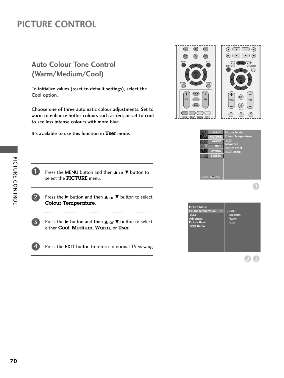 Auto colour tone control(warm/medium/cool), Picture control, Auto colour tone control (warm/medium/cool) | Picture contr ol, Press the menu button and then, Button to select the picture menu. press the, Button and then, Button to select colour temperature . press the | LG 26LC4* User Manual | Page 72 / 120
